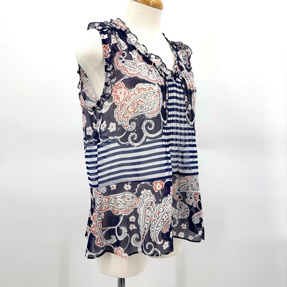 Cabi Peplum Blouse #5349, Mixed Print Semi-Transparent V-Neck Sleeveless Top, XS - Picture 12 of 16